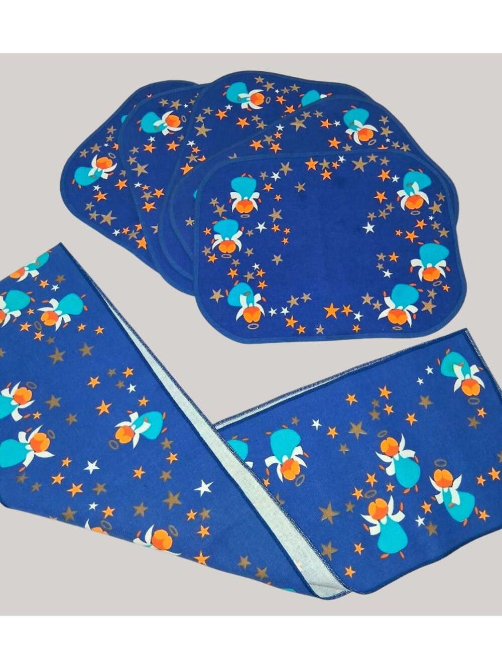 Södahl Denmark Angel Print Cotton Blue Table Runner & 5 Placemats Set Vintage* P